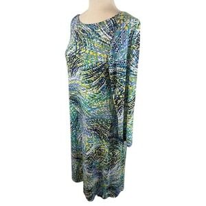 Pappagallo Dress Blue Green Abstract Print‎ 3/4 Sleeve Knee Length Size Medium